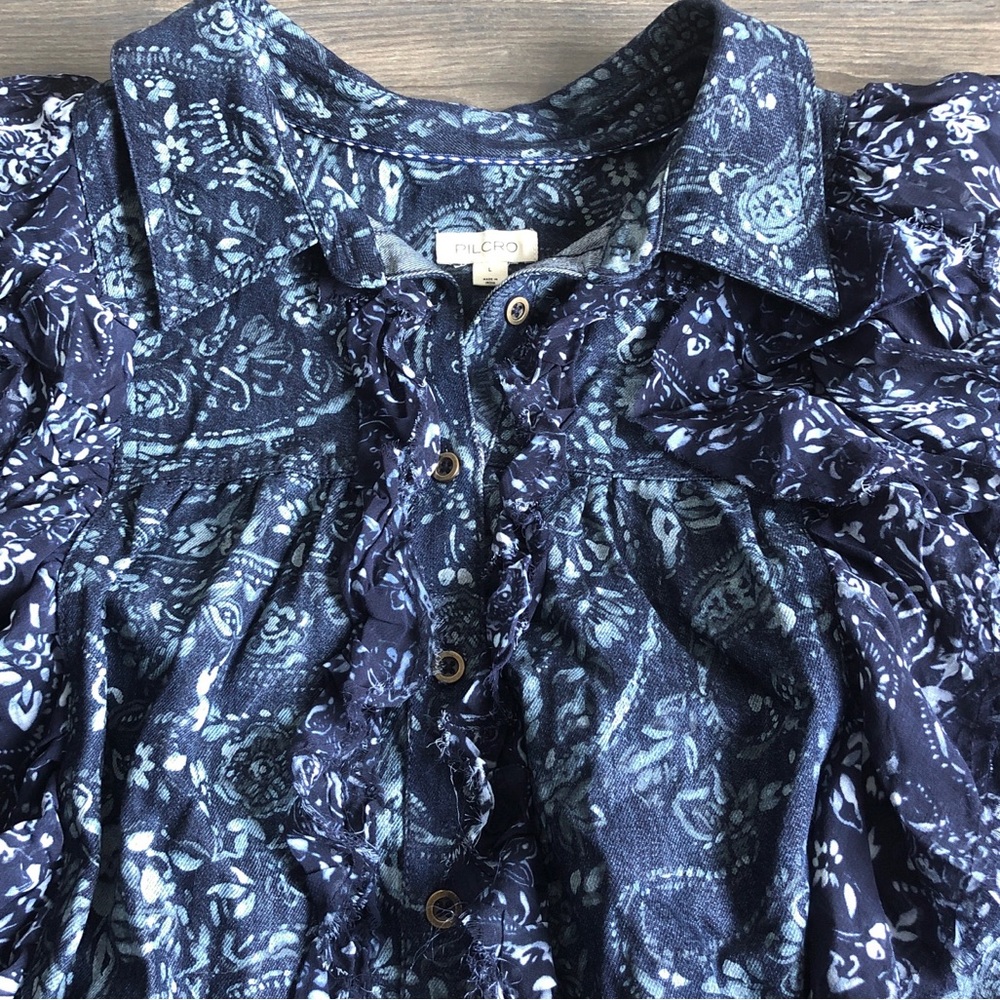 Pilcro Sleeveless Ruffle Denim Blouse Button Front Distressed Paisley - Picture 6 of 16
